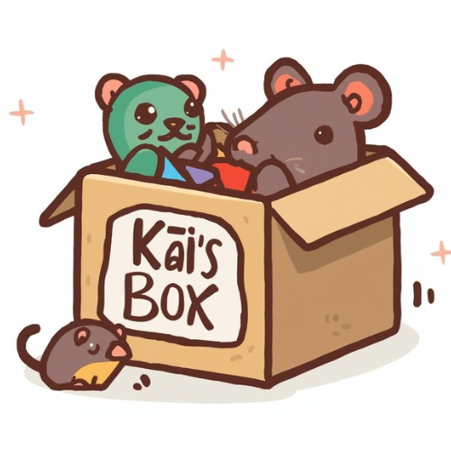 Cartoon illustration of two mice with a box labeled 'Kai's Box' on a white background.