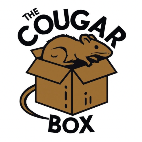 Logo of 'The Cougar Box' with a cougar inside a cardboard box on a white background