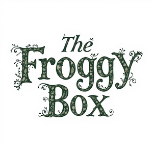 Decorative text 'The Froggy Box' with floral elements on a white background