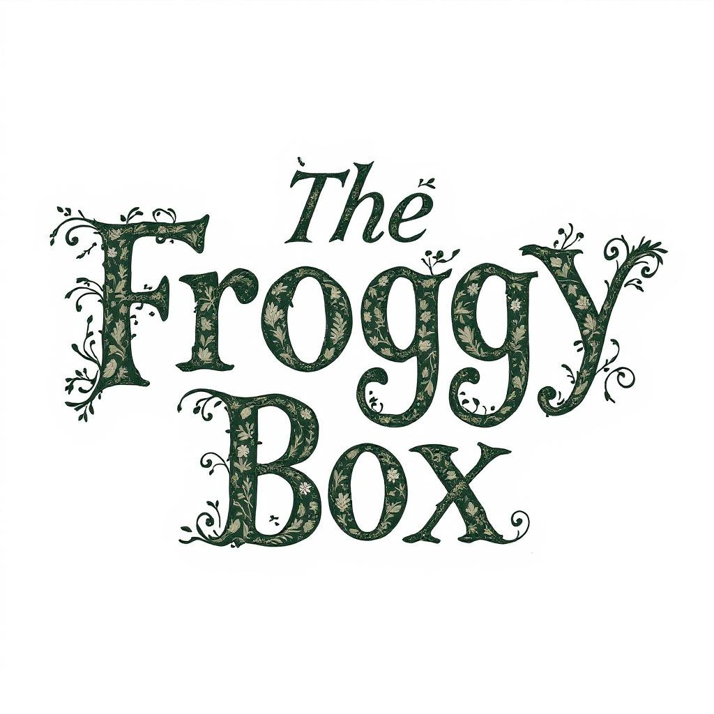 Decorative text 'The Froggy Box' with floral elements on a white background